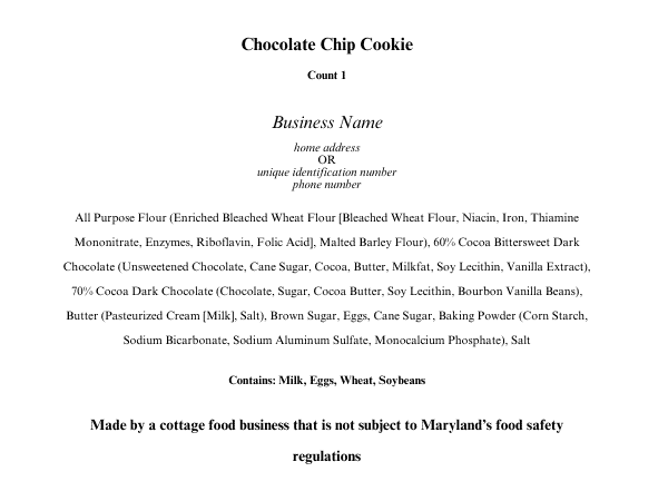 A Maryland cottage food label of a chocolate chip cookie, displaying the ingredients and allergen information.