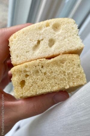 Cross-section of two white cake slices stacked, showing differences in crumb texture and air pockets
